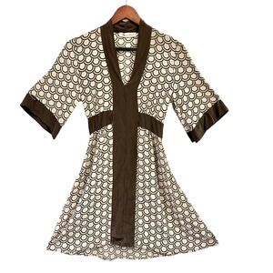 Geren Ford 100% Silk Geometric Brown/Tan Kimino Midi Dress SZ Xtra Small